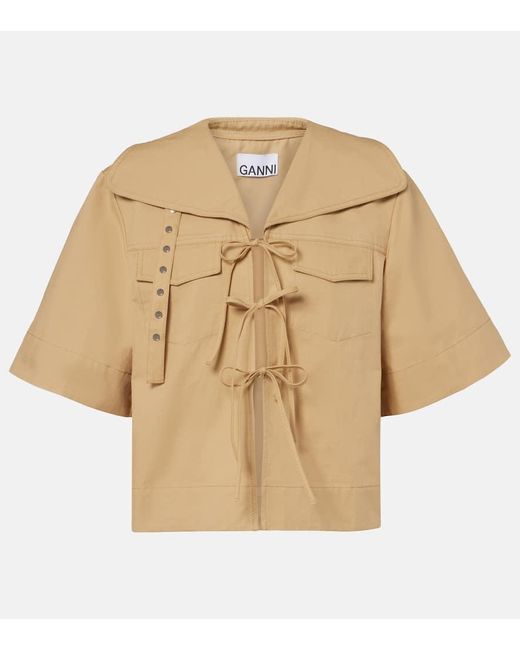 Ganni Natural Bow-Detail Cotton And Linen Top