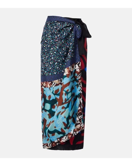 Dries Van Noten Blue Printed Silk Wrap Skirt