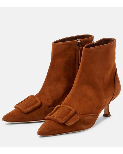 Manolo Blahnik Brown Baylow Embellished Suede Ankle Boots