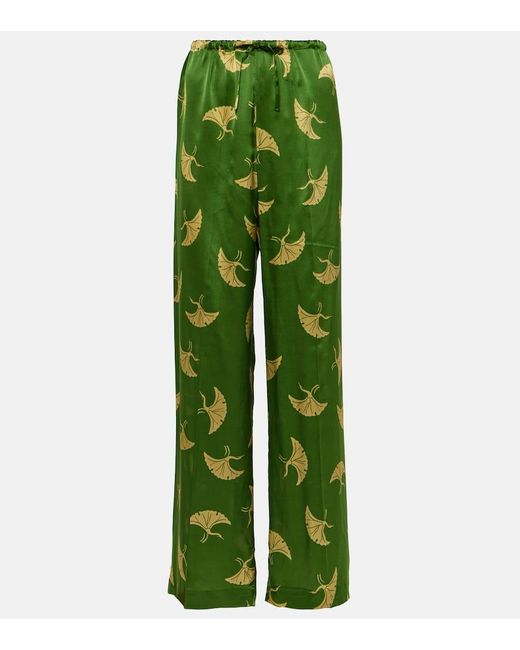 Dries Van Noten Green Printed Silk Satin Wide-leg Pants