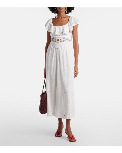 Rixo White Ebony Embroidered Cotton Midi Dress