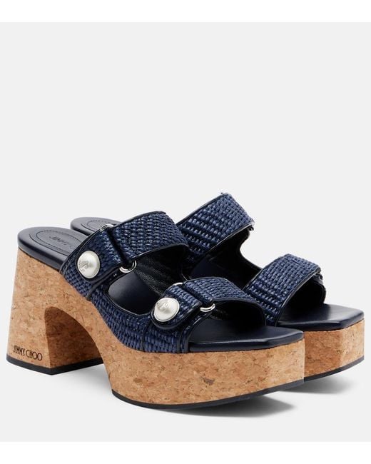 Jimmy Choo Blue Fayence Raffia-Effect Platform Sandals
