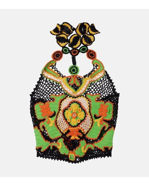 Etro Green Floral Crochet Cotton Crop Top