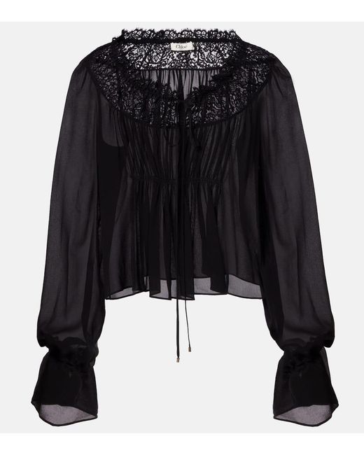 Chloé Black Gathered Lace-Trimmed Silk Georgette Blouse