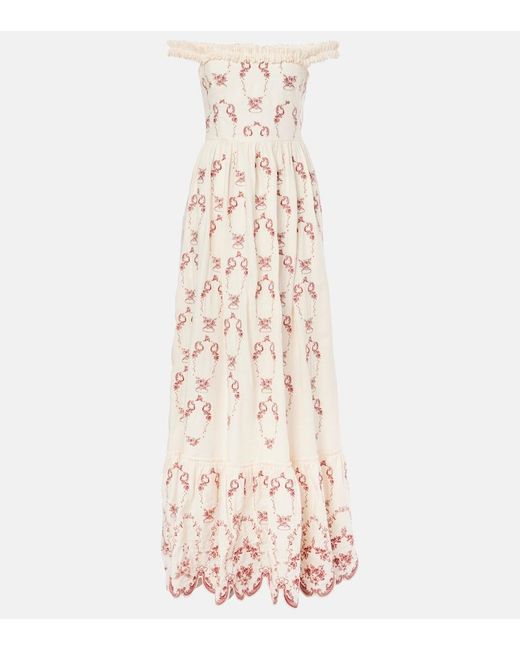 Agua Bendita White Achiote Florero Embroidered Linen Maxi Dress