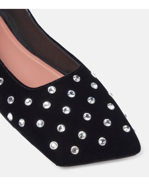 AMINA MUADDI Black Ane Crystal Lace-Up Velvet Ballet Flats