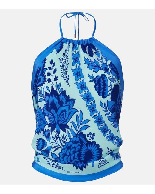 Etro Blue Paisley Halterneck Silk Top