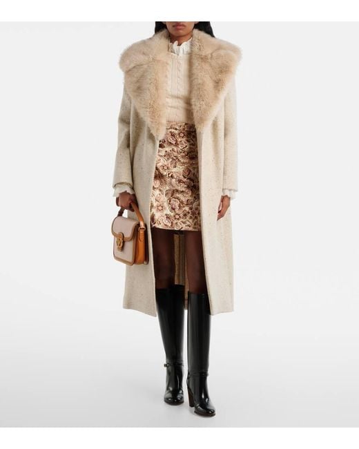 Valentino Natural Faux Fur-Trimmed Virgin Wool Wrap Coat