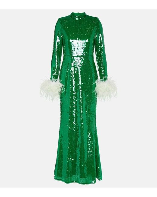 Self-Portrait Green Robe Mit Pailletten Und Federn