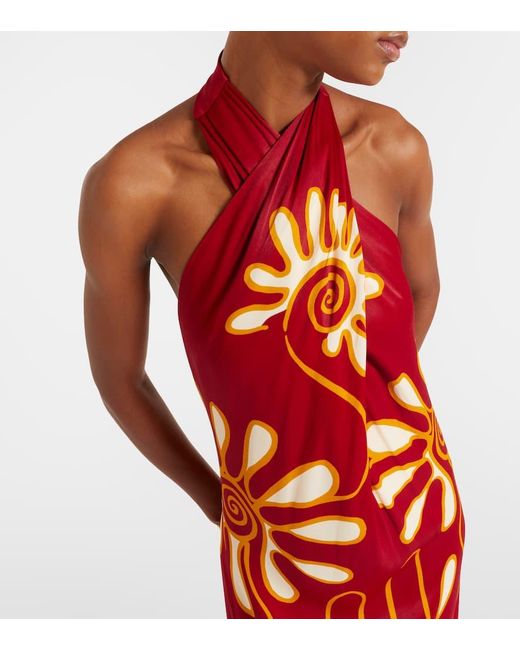 Cala De La Cruz Red Oliviera Printed Halterneck Maxi Dress