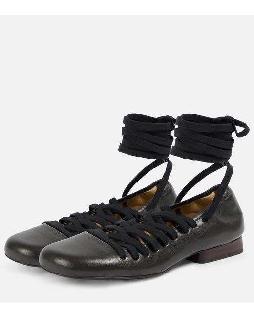 Lemaire Black Laced Leather Ballet Flats