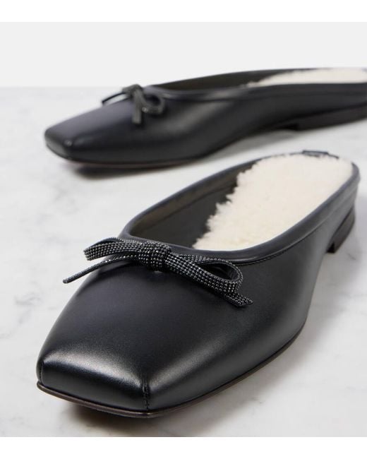 Brunello Cucinelli Black Slippers Monili Aus Leder Mit Shearling