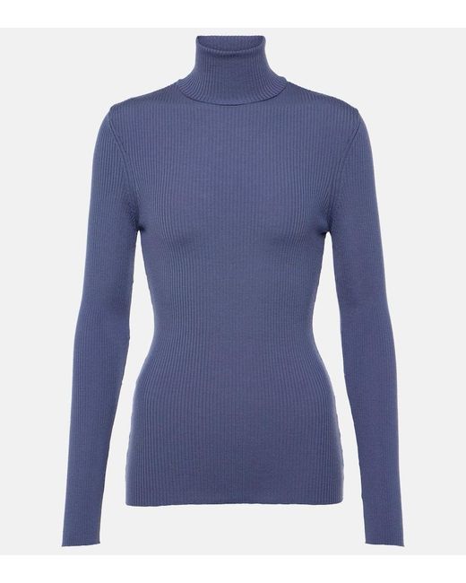Wolford Blue Ribbed-knit Virgin Wool Turtleneck Top