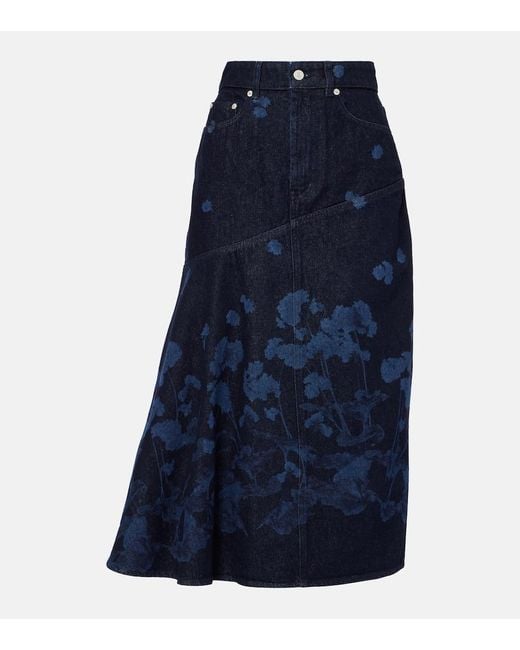Erdem Blue Floral Denim Midi Skirt