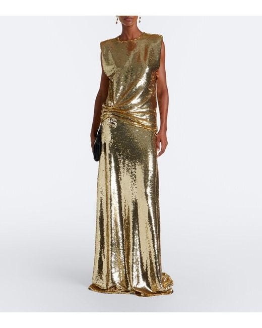 Monique Lhuillier Metallic Sequined Embellished Gathered Gown