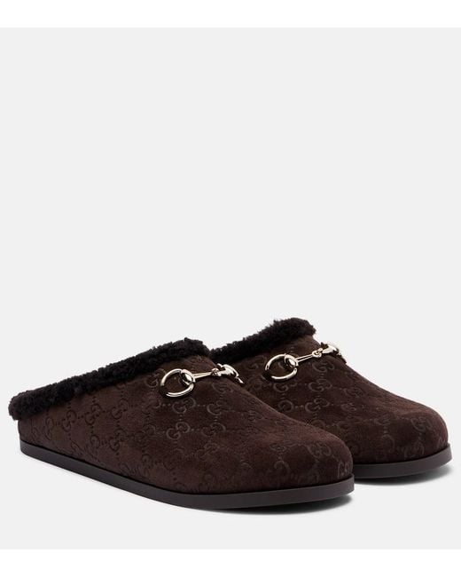 Gucci Brown Slippers New Sol Gg Horsebit Aus Veloursleder