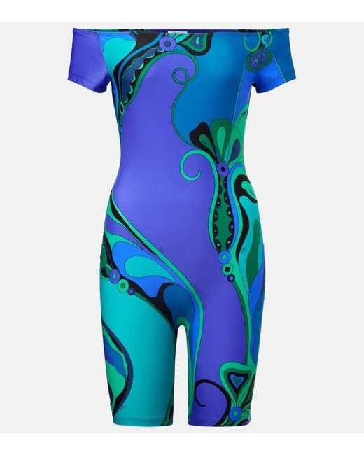 Emilio Pucci Blue Orchidee Printed Off-Shoulder Romper