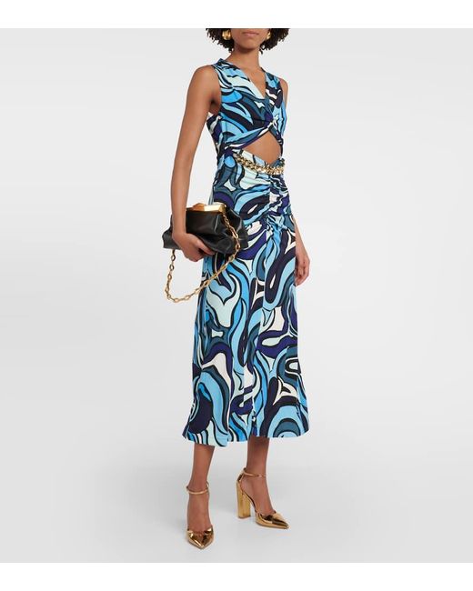 Rebecca Vallance Blue Mira Printed Cutout Midi Dress