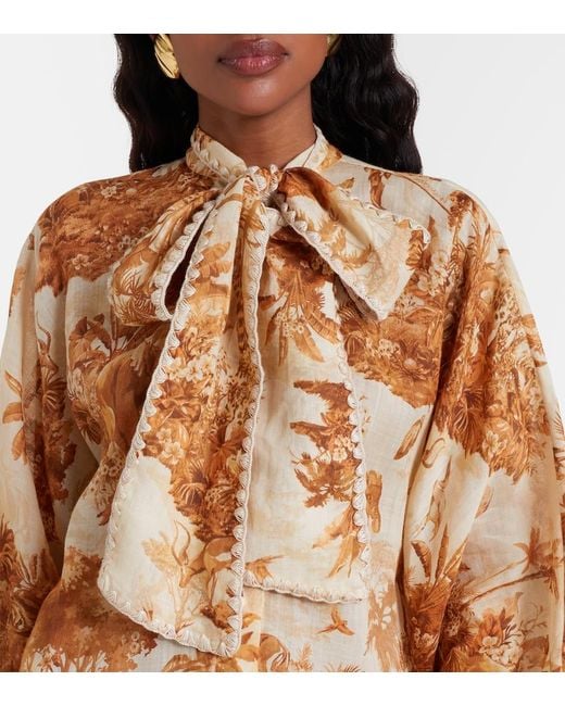 Zimmermann Brown Indra Printed Tie-Neck Ramie Blouse