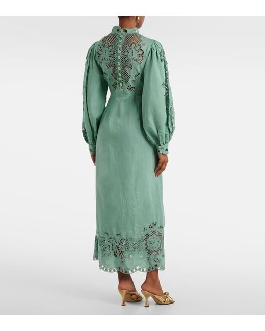 Farm Rio Green Broderie Anglaise Linen And Cotton Midi Dress