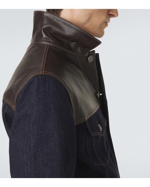 Brunello Cucinelli Blue Leather-Trimmed Denim Jacket for men
