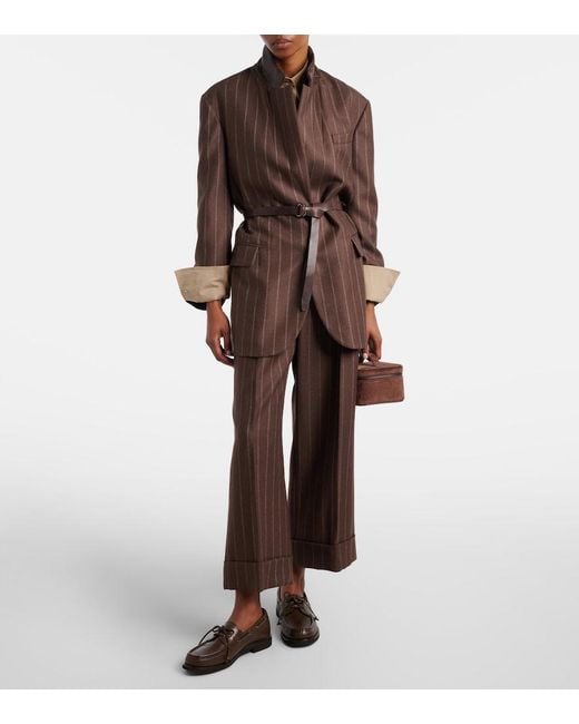 Brunello Cucinelli Brown Belted Pinstriped Virgin Wool Blazer