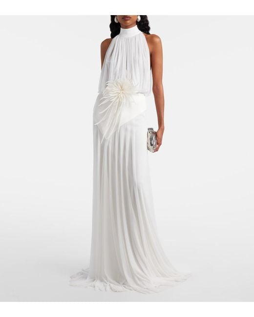 David Koma White Draped Floral-Applique Gown