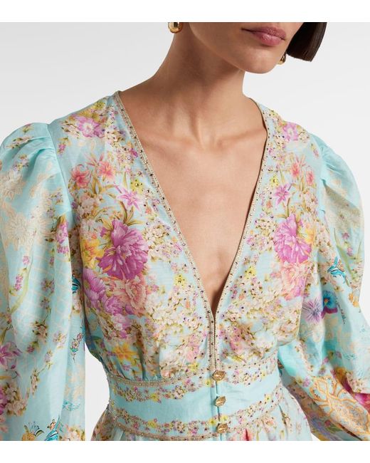 Vestido Corto De Lino Y Seda Floral Adornado Camilla de color Blue