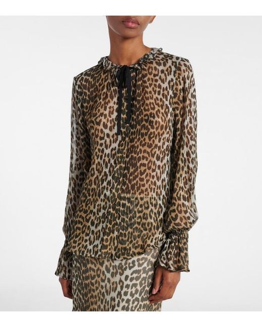 Ganni Brown Leopard-Print Tie-Neck Chiffon Blouse