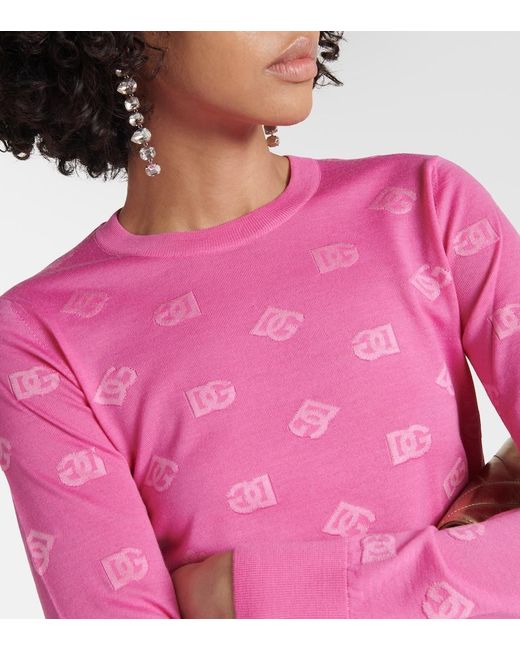 Dolce & Gabbana Pink Wool And Silk Jacquard Sweater With Tonal Dg Logo