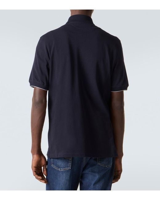 Brunello Cucinelli Blue Embroidered Cotton Pique Polo Shirt for men
