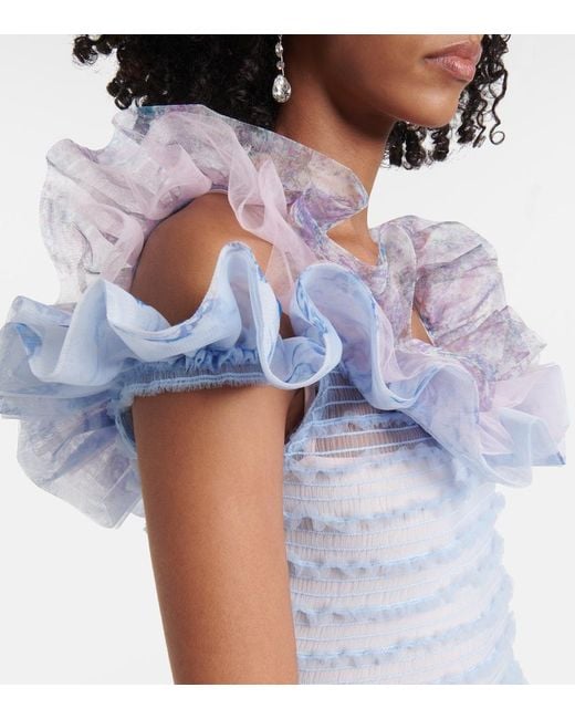 SUSAN FANG Blue Printed Smocked Ruffled Minidress