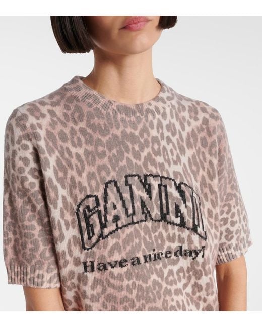 Ganni Brown Logo Leopard-Print Wool-Blend Top