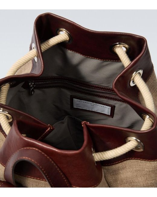 Brunello Cucinelli Brown Leather-Trimmed Canvas Backpack for men