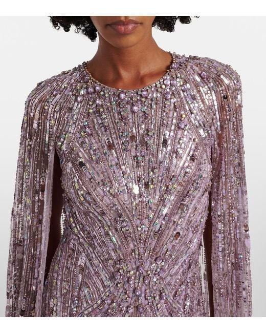 Jenny Packham Purple Elio Embellished Caped Gown