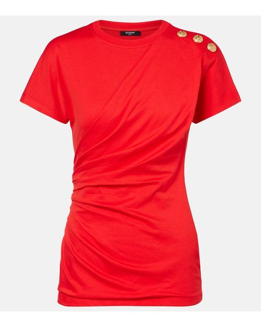Camiseta De Jersey De Algodon Drapeado Balmain de color Red
