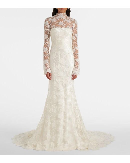 Danielle Frankel White Bridal Adena Floral Lace-Trimmed Wool And Silk Gown