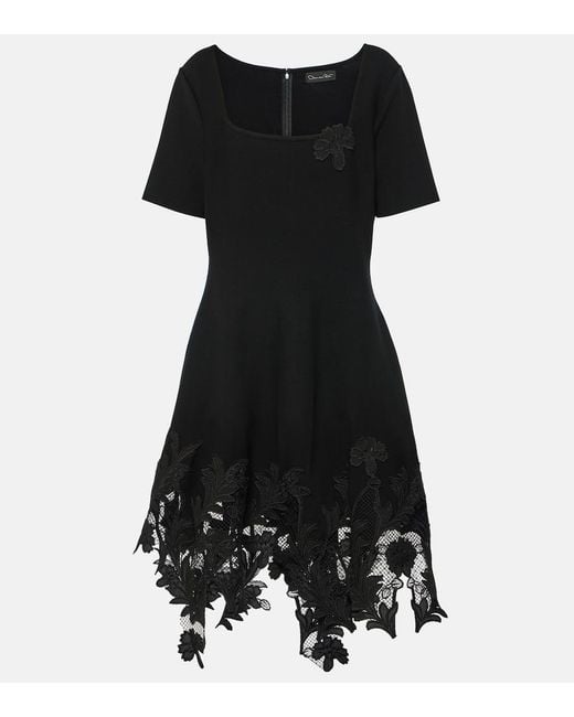 Oscar de la Renta Black Lace-Trimmed Knitted Minidress