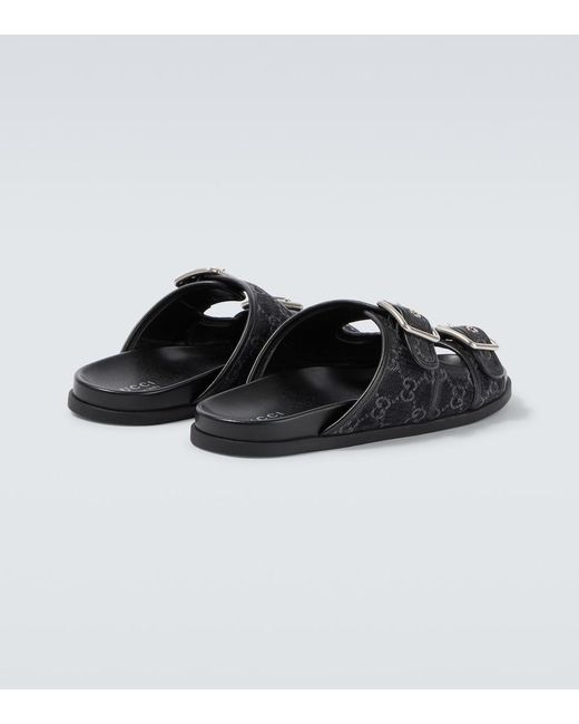Gucci Black Gg Leather-Trimmed Canvas Slides for men