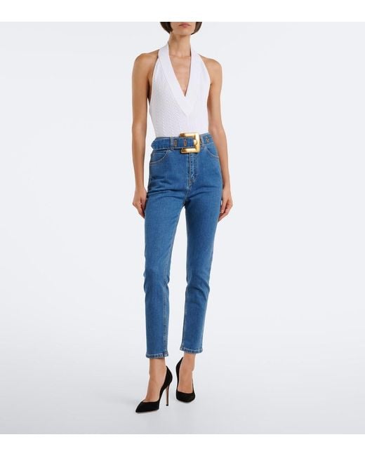 Jeans Cropped Con Cinturon Balmain de color Blue