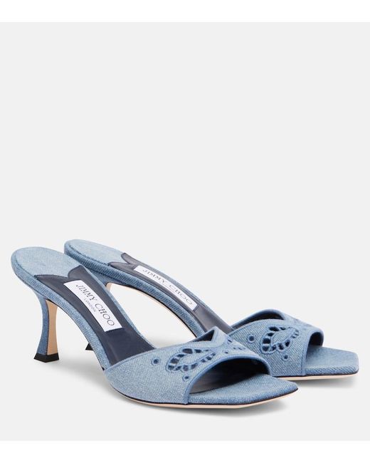 Jimmy Choo Blue Bestickte Pantoletten Skye 70 Aus Denim