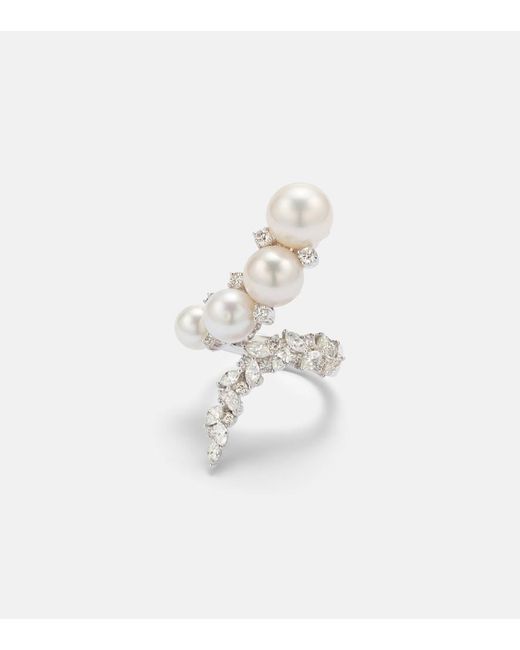 YEPREM White Pearlescent 18Kt Ring With Diamonds And Freshwater Pearls