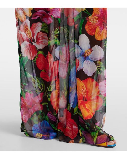 Dolce & Gabbana Red Floral Silk Chiffon Wide-Leg Pants