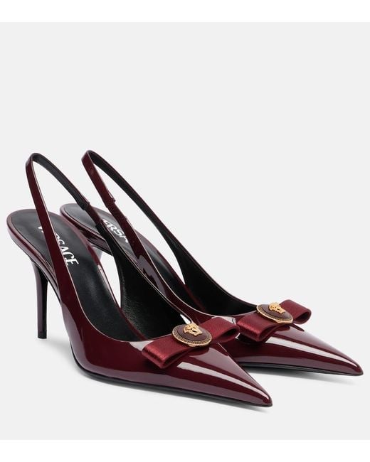 Versace Brown Gianni Ribbon 85 Patent Leather Slingback Pumps