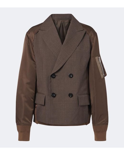 Sacai Brown Double-Breasted Wool And Technical Jacket