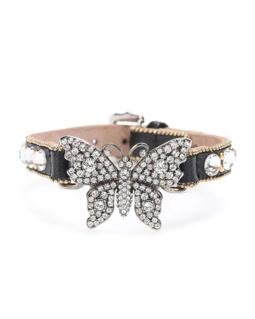 Gucci Metallic Butterfly Crystal Embellished And Leather Bracelet