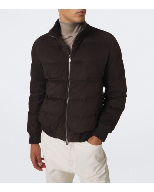 Fedeli Black Padded Suede Bomber Jacket for men