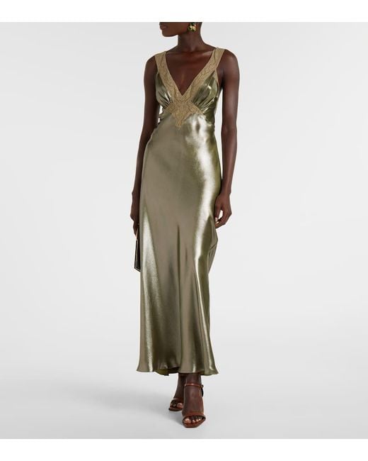 Vestido Lencero De Charmeuse De Seda Con Encaje Saint Laurent de color Green
