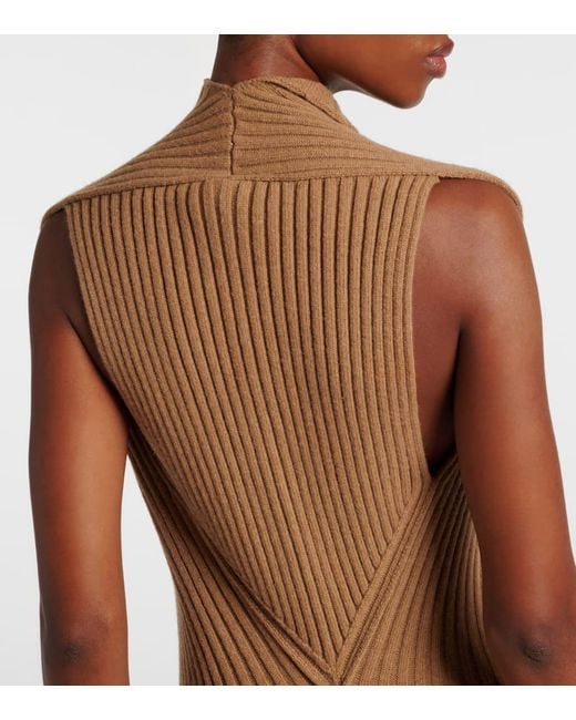 Victoria Beckham Brown Draped Ribbed-Knit Wool-Blend Midi Dress