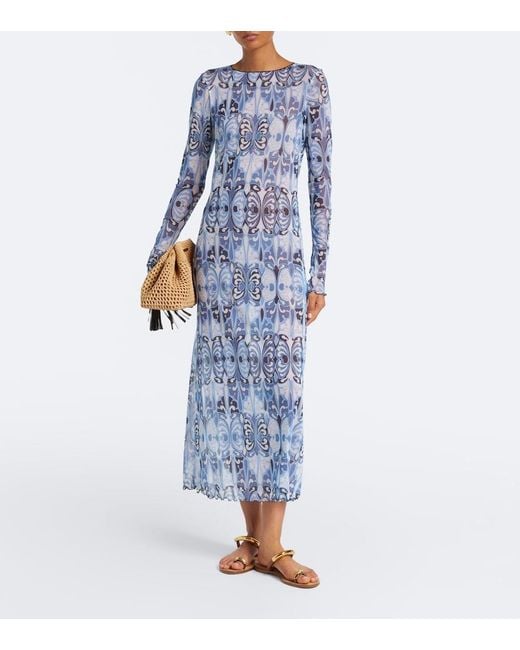 LaDoubleJ Blue Slinky Swing Printed Midi Dress